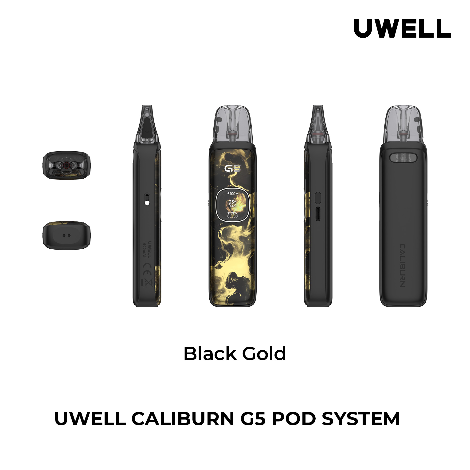Uwell Caliburn G5 Black Gold – alle Ansichten